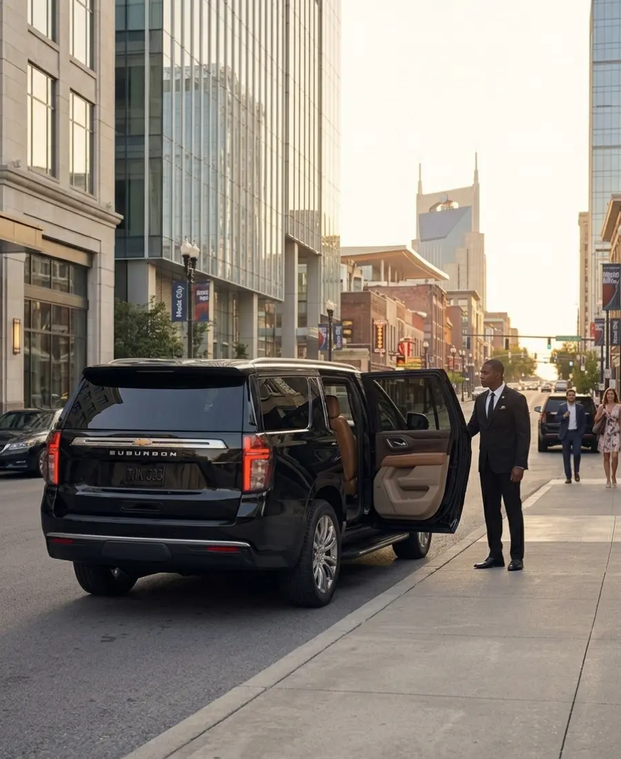 Downtown Nashville car service luxury SUV near Broadway and the Nashville skyline
