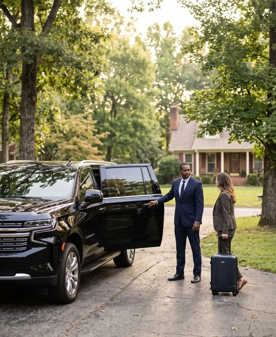 Gallatin car service chauffeur opening door for BNA airport transfer in Sumner County