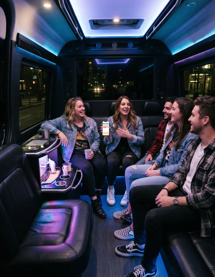 Party Sprinter interior with LED lights for a Bridgestone Arena car service night