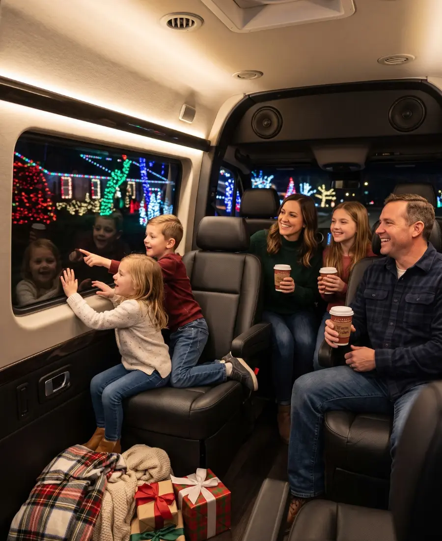 Family on a holiday lights tour in Nashville with a private Sprinter van
