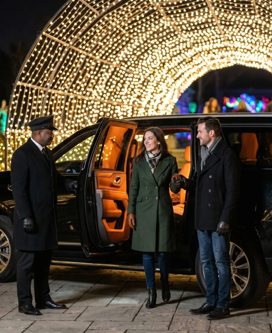 Nashville Christmas lights tour guests stepping out of a luxury SUV at a holiday light display
