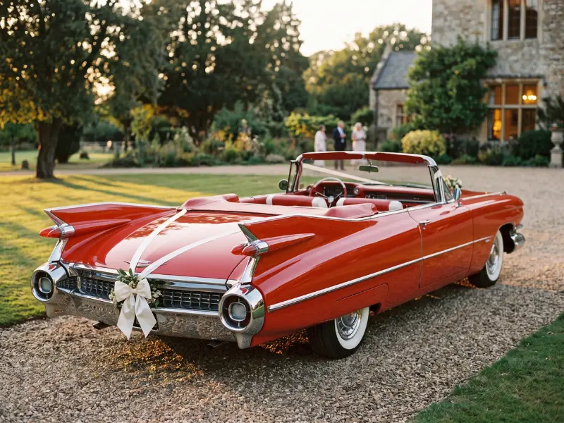 Red 1960 Cadillac convertible dressed with a white ribbon bow outside a stone wedding venue