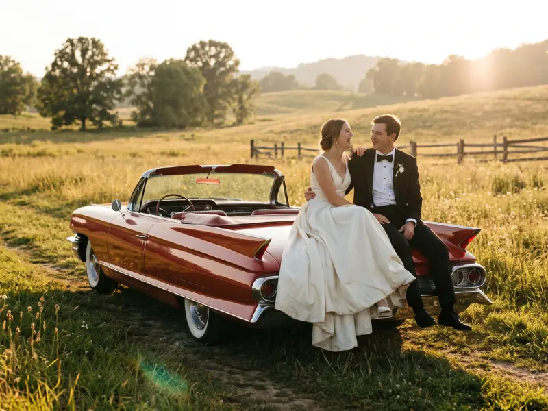 Newlyweds sitting on the back of a red classic Cadillac in a Tennessee field at golden hour