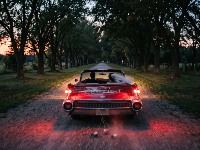Just married couple driving away in a red Cadillac on a tree lined road after a classic car rental Nashville wedding
