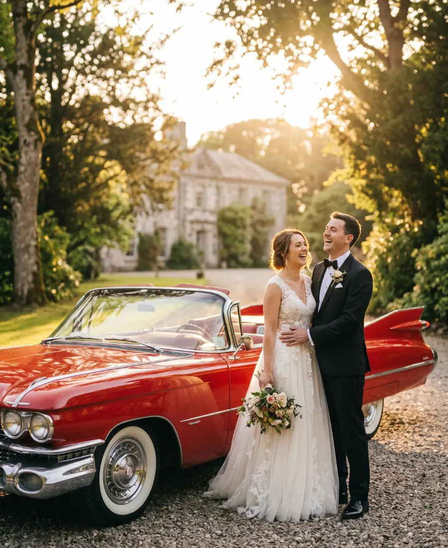 Bride and groom beside a red 1960 Cadillac convertible during a classic car rental Nashville wedding