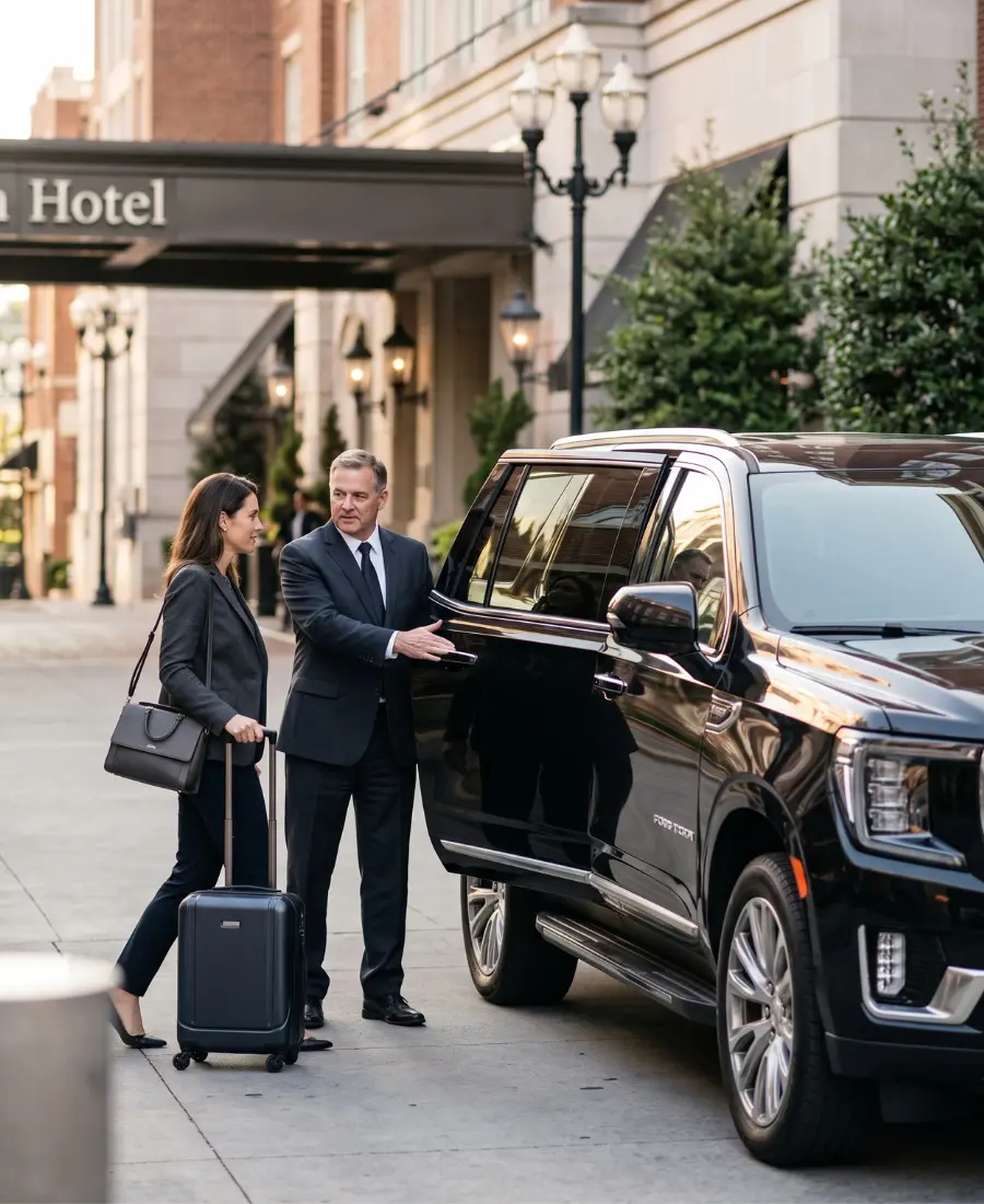 Chauffeur opening the door of a luxury SUV for a Nashville long distance car service trip