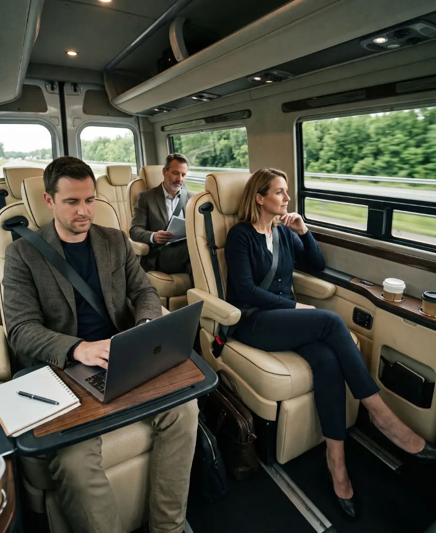 Business travelers inside a private Sprinter van on a Tennessee interstate