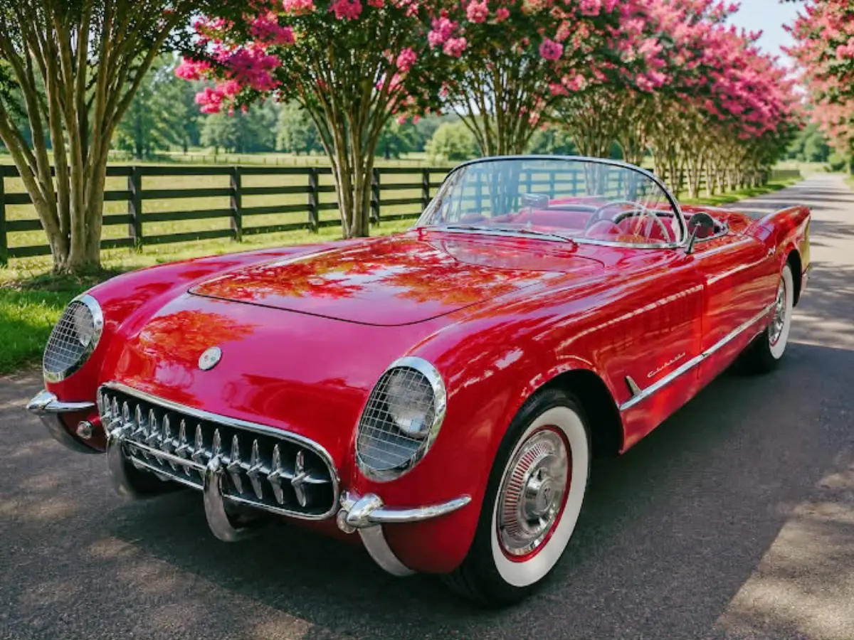 Rosie, a red 1954 Chevrolet Corvette convertible for classic car rental Nashville photo shoots