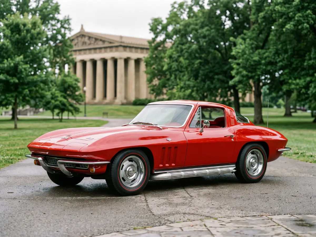 Ruby, a red 1966 Corvette Sting Ray coupe for classic car rental Nashville events