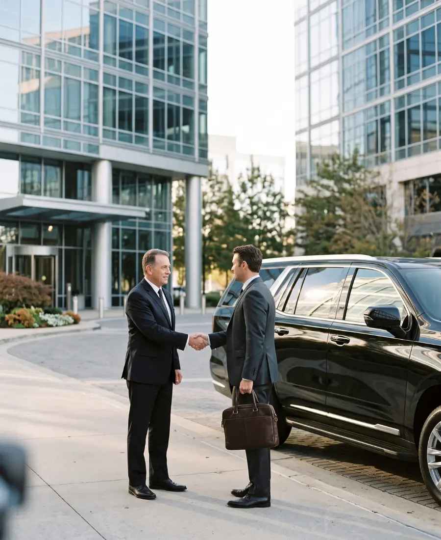 Smyrna car service chauffeur greeting a client next to a black luxury SUV
