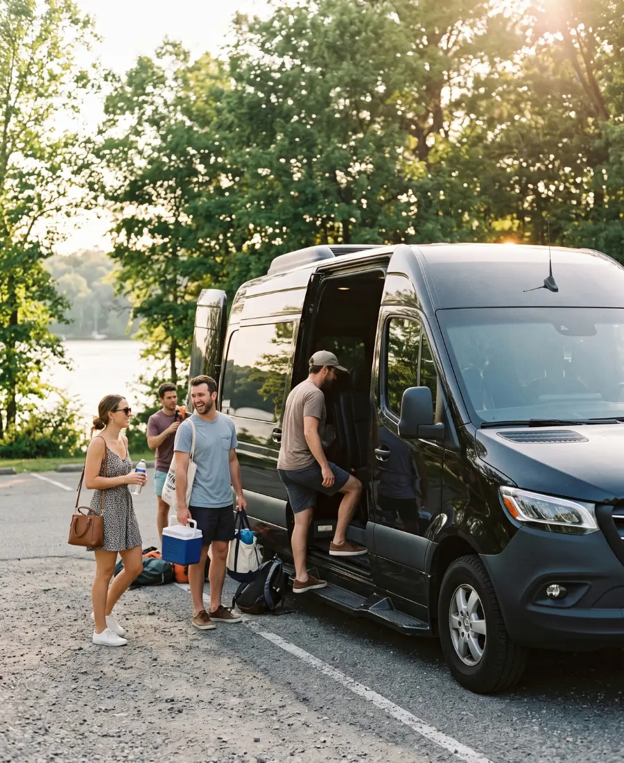 Group boarding a Sprinter van with a Smyrna car service chauffeur