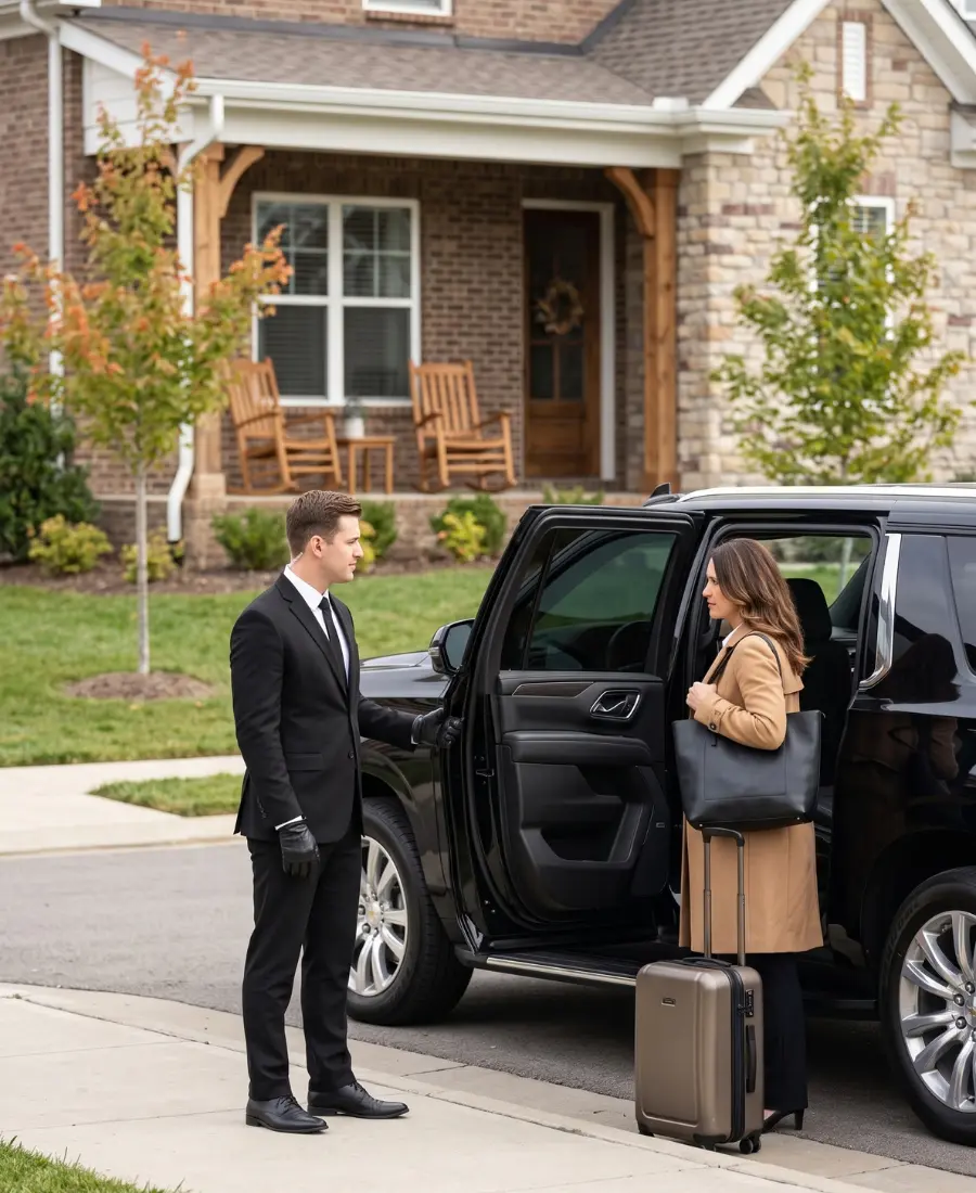 Spring Hill car service chauffeur opening door for BNA airport transfer in Williamson County